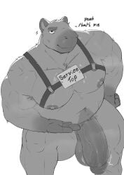 2025 anthro areola balls barazoku bedroom_eyes belly bent_leg biceps big_balls big_muscles big_penis capybara caviid deltoids dialogue doggonut english_text eyebrows flaccid fur genitals glans greyscale hand_on_hip harness hi_res huge_balls huge_cock huge_muscles humanoid_genitalia humanoid_penis inviting long_penis looking_at_viewer male mammal monochrome motion_lines musclegut muscles muscular muscular_anthro muscular_male narrowed_eyes navel nipples nude overweight overweight_anthro overweight_male pecs penis presenting presenting_penis rodent seductive service_dog_harness service_top simple_background smile solo sparkles standing text thick_arms thick_penis thick_thighs throbbing throbbing_penis tuft vein white_background