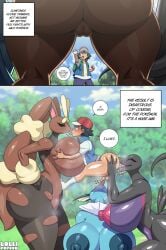 1boy 3girls ash_ketchum big_breasts blowjob female female/male female_rapist huge_breasts kissing larger_female lollipopcon lopunny pokemon pokemon_(species) rape raped_male rimming rimming_male salazzle size_difference smaller_male tagme vaporeon
