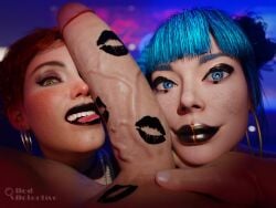 2girls 3d aurore_cassel beddetective black_lipstick blue_eyes blue_hair blush cd_projekt_red cheri_nowlin cyberpunk cyberpunk_(series) cyberpunk_2077 cyberpunk_2077:_phantom_liberty ear_piercing ear_ring earrings female female_focus huge_cock lipstick lipstick_mark lipstick_on_penis looking_at_viewer male veiny_penis