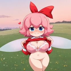 ai_generated blush bra fairy flashing_breasts heart kirby_(series) kirby_64 lifting_dress nervous_smile pink_hair ribbon_(kirby)