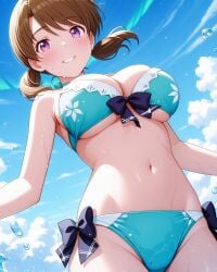 2025 ai_generated beach_background belly blue_bikini brown_eyebrows brown_hair_female eyebrows_visible_through_hair instagram meta not_porn ocean_background pekoillust pink_cheeks purple_eyes_female teeth_showing tummy unknown_character wet_bikini wet_body wet_skin