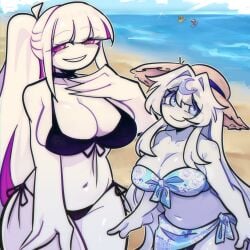 ahoge beach big_breasts bikini blue_eyes blue_hair choker feet_up flower fnf_mods friday_night_funkin hat huge_breasts huge_thighs humanoid jewelry long_hair lune_(friday_night_funkin) lune_(yraisel) navel nikusa_(sugarratio) orange_eyes pink_eyes pink_hair ponytail purple_eyes seaside skelthors smile swimsuit thighs water white_hair