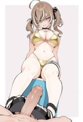 1boy 1girls ai_generated annoyed bikini brown_hair cleavage feet female footjob hololive hololive_english nanashi_mumei precum sandals sitting straight toes virtual_youtuber yellow_eyes
