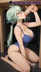 1boy 1girls 2025 ai_generated animal_ears artist_name balls barefoot big_breasts big_chest blowjob blowjob_face blue_swimsuit breasts bukkake bust busty cat_ears chest cleavage cock collarbone cum cum_in_mouth cum_on_ass cum_on_body cum_on_breasts cum_on_clothes cum_on_hair cum_on_hands cum_on_tongue cum_pool cum_string cumdrip dick ejaculation electroworld erection facial fellatio female genshin_impact green_hair hi_res high_quality high_resolution highres kneeling large_breasts licking long_hair male multicolored_hair one-piece_swimsuit oral oral_sex patreon patreon_username penis ponytail sitting stable_diffusion straight sucking sucrose_(genshin_impact) swimsuit testicles trembling uncensored watermark