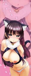 animal_ears bell bell_collar black_eyes black_gloves black_hair blush breasts cat_ears cat_tail collar elbow_gloves fake_animal_ears fake_tail female fur_trim gloves hair_tucking highres large_breasts long_hair looking_at_viewer navel nipples open_mouth pica_(hpipi) pulling pussy_juice solo tail