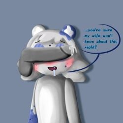 2boys anonymous_male anthro bear blush_crunch_studios candykitties cheating cheating_husband dick dick_covering_eyes dick_on_face disembodied_penis drooling femboy flavor_frenzy furry gay grey_body grey_hair imminent_cheating imminent_sex male male_only nervous penis precum roblox roblox_game roquefort_(flavor_frenzy) self_upload simple_background tagme text_bubble