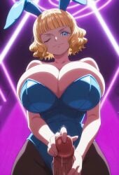 1boy 1girls ai_generated anime anime_screencap anime_style bangs bare_shoulders big_breasts blonde_female blonde_hair blonde_hair bloom blue_eyes blunt_bangs breasts bunny_ears bunny_girl bunnysuit cleavage deep_cleavage female female_focus finger_on_penis front_view handjob hi_res highres huge_breasts large_breasts light-skinned_female light_skin looking_at_viewer low-angle_view male male_pov motion_lines neon_lights nightclub numbleg one_eye_closed one_piece pantyhose penis poking_penis shiny_skin short_hair skindentation slim_waist smug stussy_(one_piece) thighs wavy_hair