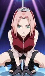 anime_style bike_shorts female glove green_eyes jonnahill looking_at_viewer naruto_shippuden pink_hair sakura_haruno self_upload squatting tagme toeless_footwear