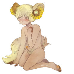 2018 3_toes 5_fingers amber_eyes animal_humanoid balls big_ears blonde_hair digital_media_(artwork) dog_humanoid erection eyelashes flower fluffy fluffy_tail girly hair humanoid kenomimi koyhi looking_at_viewer male nipples nude paws penis plant precum small_penis solo sunflower toes