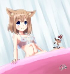 2016 anger_vein artist_name blanc blue_eyes blush cat_ears chibi hat looking_at_viewer navel neko_ears neptunia_(series) nipples nude rom_(neptunia) see-through short_hair small_breasts smile t-lun white_cap white_hat