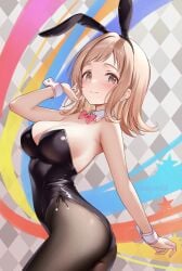 akiei armpit_crease ass bare_arms bare_shoulders black_leotard blush breasts brown_eyes brown_hair bunny_ears bunnysuit cleavage closed_mouth collarbone detached_collar idolmaster idolmaster_shiny_colors leotard medium_breasts medium_hair pantyhose sakuragi_mano sideboob smile strapless_leotard wrist_cuffs