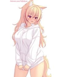 1girls baggy_clothing blonde_hair blush blush cat_ears cat_tail catgirl female hoodie hoodie_only looking_down patreon patreon_username red_eyes red_highlights simple_background tiffy tiffynyaa white_hoodie