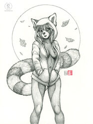 2013 anthro bottomless breasts cleavage clothed clothing female hoodie kacey mammal monochrome partially_clothed red_panda skimpy solo unzipped