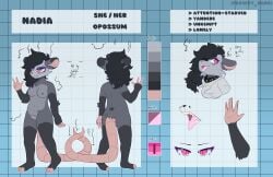 absurd_res american_opossum anthro bowsy_rarei breasts collar female flies_for_smell heart_symbol hi_res mammal marsupial medium_breasts model_sheet nadia_(solidsnuck) pink_eyes sidecut slightly_chubby smelly solo stink_fumes stink_lines