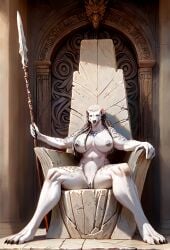 absurd_res anthro big_clitoris breasts chair clitoris dreadlocks english_text erect_clitoris female furniture genitals hi_res hyena jewelry last_fables mammal melee_weapon necklace necklace_only nipples nude on_chair polearm pussy queen royalty sahmara_nyanjy sitting sitting_on_chair solo spear spread_legs spreading text thewyvernsweaver throne weapon