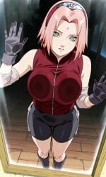 against_glass anime_style bike_shorts black_shorts female from_outside glove green_eyes looking_at_viewer naruto_shippuden pink_hair sakura_haruno sakura_haruno self_upload short_hair sleeveless