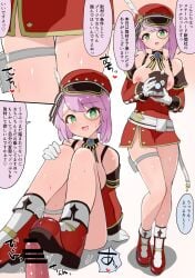 1boy assertive_female belt blue_brooch blue_gemstone bootjob boots bow breasts camera censored charlotte_(genshin_impact) cross-laced_clothes cross-laced_sleeves detached_sleeves female femdom footjob gem genshin_impact gloves gold_trim green_eyes hat hat_feather highres holding holding_camera lace-up_sleeves long_sleeves male monocle newsboy_cap nipples no_pants open_mouth out_of_frame penis pink_hair puffy_detached_sleeves puffy_sleeves red_boots red_hat red_skirt red_sleeves short_hair simple_background skirt smile suspender_skirt suspenders thighs white_background white_belt white_gloves white_trim yamabukiiro_(browncat)