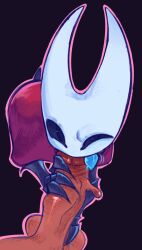 1boy anthro ball_fondling balls ballsack black_body black_eyes blowjob blowjob_face cape clothing curvy_figure erieolae face_focus fellatio fellatio_face female handjob hollow_knight hollow_knight:_silksong hornet_(hollow_knight) insect_girl insectoid male penis pov pov_eye_contact red_cape sweating