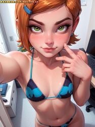 1girls ai_generated ben_10 bikini breasts female green_eyes gwen_tennyson office red_hair red_head_zero selfie solo