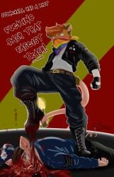 2025 absurd_res acab accessory american_opossum anarchist anarchy_symbol angry anthro belt bisexual_pride_colors blood blue_eyes bodily_fluids boots bottomwear brain brain_matter broken_teeth brown_body brown_eyes brown_fur brown_hair brown_markings clothed clothing corpse cracked_skull curb_stomping curled_tail death discord_(app) domestic_pig duo english_text face_covered fingerless_gloves footwear fur gloves hair handwear heterochromia hi_res holding_object_with_tail jacket kerchief killing leather leather_clothing leather_jacket leather_topwear lgbt_pride lgbt_pride_month male mammal markings marsupial molotov_cocktail neckerchief neckwear nosebleed notched_ear orange_body orange_fur orange_hair organs pants patch_(fabric) pin_accessory pin_button pink_body pink_skin pink_triangle police police_officer police_uniform political_cartoon politics pride_color_clothing pride_colors pride_month profanity progress_pride_colors rainbow_flag rainbow_pride_flag rainbow_symbol shirt shoes suid suine sus_(pig) tail telegram text timothy_(zer0rebel4) topwear transgender_pride_colors uniform violence white_body white_fur white_markings wounded zer0rebel4