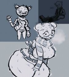 1girls 2023 2024 angry angry_face bent_over big_breasts bundles_(fortnite) cold costume digital_drawing_(artwork) digital_media_(artwork) epic_games fakesigss female female_only fortnite fortnite:_battle_royale furry furry_female hands_on_arms hi_res huge_thighs monochrome redraw scarf sitting waving