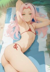 1girls ai_generated arms_behind_head arms_up ass ass beach beach_towel bikini blush civitai cute cute_face female flat_chest flat_chested green_eyes headband laying_on_side lidded_eyes looking_at_viewer micro_bikini naruto naruto_(classic) petite pink_hair sakura_haruno sakura_haruno(genin) seductive seductive_look smile thick_thighs thighs wet wet_body wet_hair wet_skin yercyu