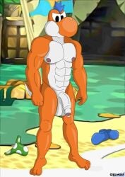 anthro balls beach blue_body blue_scales ciel-wolf clothing dinosaur feet flaccid footwear genitals male mario_bros muscular muscular_anthro muscular_male nintendo nipples outside paper_mario paper_mario:_the_thousand_year_door penis prehistoric prehistoric_species reptile scales scalie shoes solo the_great_gonzales_jr underwear white_body white_scales yoshi