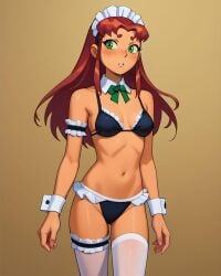 2025 ai_generated belly blushing_female brown_background cartoon_network dc_super_hero_girls dcau green_eyes_female instagram maid_bikini maid_outfit maid_uniform meta not_porn orange_cheeks red_eyebrows red_hair_female shy_expression shy_face shy_female shy_smile starfire_(teen_titans) teen_titans teeth_showing tummy unknown_artist