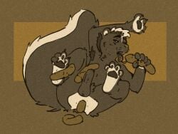 4:3 anthro black_body black_fur bowl claws container eating_feces erection feces feces_in_mouth feet foreskin fur genitals hair hindepaw looking_at_viewer male mammal mephitid name_tag nude obrien_(artist) penis pooping_on_floor pooping_on_self scatplay skunk soles solo striped_body stripes submissive submissive_male text tools uncircumcised white_body white_fur