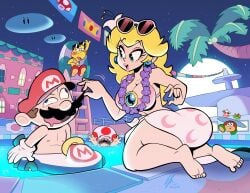 1boy blonde blonde_female blonde_hair blonde_hair_female blue_eyes blush blush_lines blushing breasts brown_hair bubble_butt cruise_ship female funny galoomba humor image juicyartz koopa koopa_troopa male mario mario_(series) moustache mustache nintendo no_sex no_text palm_tree pool princess_peach princess_peach_(swimwear) seductive seductive_female super_mario_bros. toad_(mario) wholesome