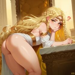 1boy 1femboy 2024 ? ai_generated alternate_version_available ass big_ass blonde_hair brachydios21 crossdressing dress dress_lift dress_up elden_ring femboy feminine_male girly long_hair looking_at_viewer miquella no_panties question_mark solo thick_thighs thighs trap white_dress yellow_eyes