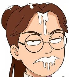 ai_generated angry angry_expression angry_face brown_hair cum cum_in_mouth cum_on_face cum_on_hair cumshot glasses looking_at_viewer nerd nerdy_female round_glasses