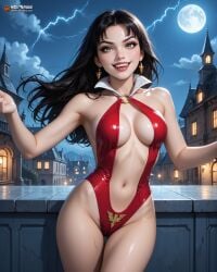 ai ai_generated bangs black_boots black_hair createdwithai digital_2d earrings fan_art fangs fangs_out female green_eyes knee_boots long_hair nostra666 pale-skinned_female pale_skin patreon red_lips red_lipstick red_swimsuit stable_diffusion swimsuit swimwear vampire vampire_girl vampirella vampirella_(cosplay) white_collar