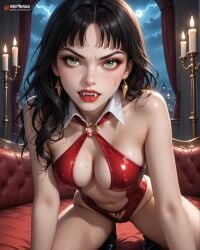 ai ai_generated bangs black_boots black_hair createdwithai digital_2d earrings fan_art fangs fangs_out female green_eyes knee_boots long_hair nostra666 pale-skinned_female pale_skin patreon red_lips red_lipstick red_swimsuit stable_diffusion swimsuit swimwear vampire vampire_girl vampirella vampirella_(cosplay) white_collar