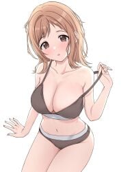 arm_support bare_arms bare_belly bare_legs bare_shoulders bare_thighs belly_button big_breasts blush bra bra_pull breasts brown_bra brown_eyes brown_hair brown_panties cleavage collarbone idolmaster idolmaster_shiny_colors medium_hair panties parted_lips sakuragi_mano sorugi_park thighs underwear underwear_only