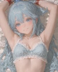 2025 ai_assisted ai_generated aqua_(konosuba) armpits arms_up artist_name blue_bra blue_eyes bondage bondage bound bound_wrists bow bra breasts female hakariart high_quality high_res high_resolution highres kono_subarashii_sekai_ni_shukufuku_wo! konosuba long_hair looking_at_viewer lying medium_breasts on_back panties patreon rope smile solo stable_diffusion underwear upper_body watermark