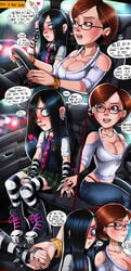 2girls biting_lip black_hair blue_eyes blush bracelet breasts brown_eyes brown_hair busty car cleavage collar comic dialogue disney duo ear_piercing earrings eyeliner eyeshadow female female_only freckles glasses goth heartbeat helen_parr human incest large_breasts long_hair makeup milf mother_and_daughter navel necktie panties pixar punk ring school_uniform shadman shirt short_hair shorts skimpy small_breasts speech_bubble straight_hair teenager the_incredibles thong violet_parr voluptuous whale_tail