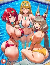 3girls ai_generated amber_eyes bikini blonde_hair blush brown_hair cat_ears core_crystal curvaceous curvy curvy_figure earrings fang female female_only huge_ass long_hair looking_at_viewer looking_back medium_breasts monolith_soft mythra nia nia_(blade) nia_(xenoblade) nintendo novelai partially_submerged pool poolside pyra red_eyes red_hair short_hair smile smiling smiling_at_viewer swimming_pool teeth tiara two-piece_swimsuit vermadis2x voluptuous voluptuous_female water wide_hips xenoblade_(series) xenoblade_chronicles_(series) xenoblade_chronicles_2 yellow_eyes yellow_hair