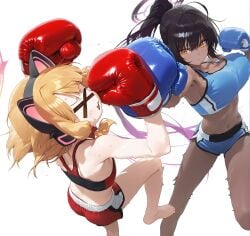 2girls ai_generated belly blonde_hair blue_archive boxing boxing_gloves catfight dark-skinned_female dark_hair dark_skin interracial karin_(blue_archive) long_hair momoi_(blue_archive) white_background