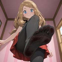 1girl 1girls ai_generated black_legwear black_tights blue_eyes brown_hair clothed dirty_feet feet female foot_fetish foot_focus imminent_stomp leggings non-nude pixai pokemon pokemon_xy red_skirt serena_(pokemon) skirt smile tights