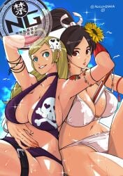 2d 2girls armlet b._jenet big_breasts bikini blonde_hair blue_eyes breasts brown_eyes brown_hair busty choker earrings fatal_fury female female_focus female_only hourglass_figure long_hair loose_hair mai_shiranui navel ponytail rocohisaya snk tagme tattoo wide_hips