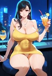1girls 2d ai_generated big_breasts black_hair cleavage dress female female_focus final_fantasy final_fantasy_vii glass_cup long_hair necklace night panties short_dress sitting tagme tifa_lockhart