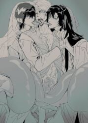 3boys blush class_3-z cloaca ear_fins erection femboy french_kiss gay gintama gintoki_sakata holding_hands humanoid japanese_text katsura_kotarou kissing long_hair long_hair_male long_tongue male male_only merfolk mmm_threesome monochrome official_alternate_costume open_mouth penis penis_out snake_boy snake_tail sweat tailjob takasugi_shinsuke threesome uncensored veil yaoi youkai yuzhoufeitian