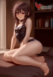 1girls 2d ai_generated ass back bare_shoulders barefoot big_ass bra brown_hair collar erophoenix female female_focus full_body kono_subarashii_sekai_ni_shukufuku_wo long_hair looking_at_viewer megumin pale_skin pale_skinned_female panties patreon_username red_eyes short_hair sitting small_breasts smile soles solo thick thick_thighs uncensored underwear