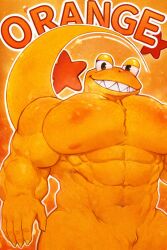 anthro artist_request bara buff fur furry looking_at_viewer muscular muscular_male orange_(rainbow_friends) orange_fur orange_skin rainbow_friends roblox roblox_game sexy smiling tagme
