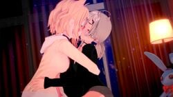2girls ahoge blonde_hair blush closed_eyes couple curtains female hug kissing long_hair multiple_girls ponytail saruei_(vtuber) short_hair squchan_(vtuber) striped vyugen yuri