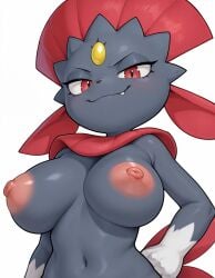 ai_generated anthro areolae breasts closed_mouth female female forehead_jewel furry hand_on_hip large_areolae large_breasts looking_at_viewer navel nintendo nipples nude oerba_yun_fang pokemon red_eyes smug_smile solo standing stomach tail upper_body weavile