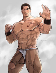 1boy abs brown_hair fundoshi fundoshi_aside hydaria king_of_fighters male_only muscles nipples penis scar standing takuma_sakazaki underwear