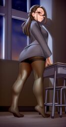 1girls 2023 2d 2d_(artwork) absurdres adult adult_female alternate_version_available asian asian_female black_pantyhose brown-framed_eyewear brown_hair calves chair classroom clothed clothed_female clothing commentary curvaceous curvy curvy_figure desk earrings english_commentary evening feet female female_only from_side full_body fully_clothed glasses grey_jacket half_updo highres human human_female human_only indoors inside jacket jewelry kairuhentai kairunoburogu kneepits light-skinned_female light_skin long_hair long_sleeves looking_at_viewer looking_back mature mature_female medium_hair miru_tights night night_sky no_sex no_shoes not_ai_generated okuzumi_yuiko pantyhose pinup realistic_anatomy realistic_proportions school_desk semi-rimless_eyewear sfw shoes_removed skirt smile solo solo_female solo_focus standing teacher thick_thighs thighband_pantyhose thighs tiptoes under-rim_eyewear window younger_female