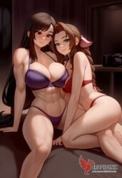 2d 2girls aerith_gainsborough ai_generated ass barefoot big_ass big_breasts blush bra couch dress erophoenix feet female female_focus final_fantasy final_fantasy_vii final_fantasy_vii_rebirth final_fantasy_vii_remake indoors jewelry large_breasts long_hair multiple_girls naked navel panties patreon_username purple_bra purple_panties red_bra red_eyes red_panties sitting small_breasts smile soles sweat sweating thick_thighs thighs tifa_lockhart underwear yuri yuri